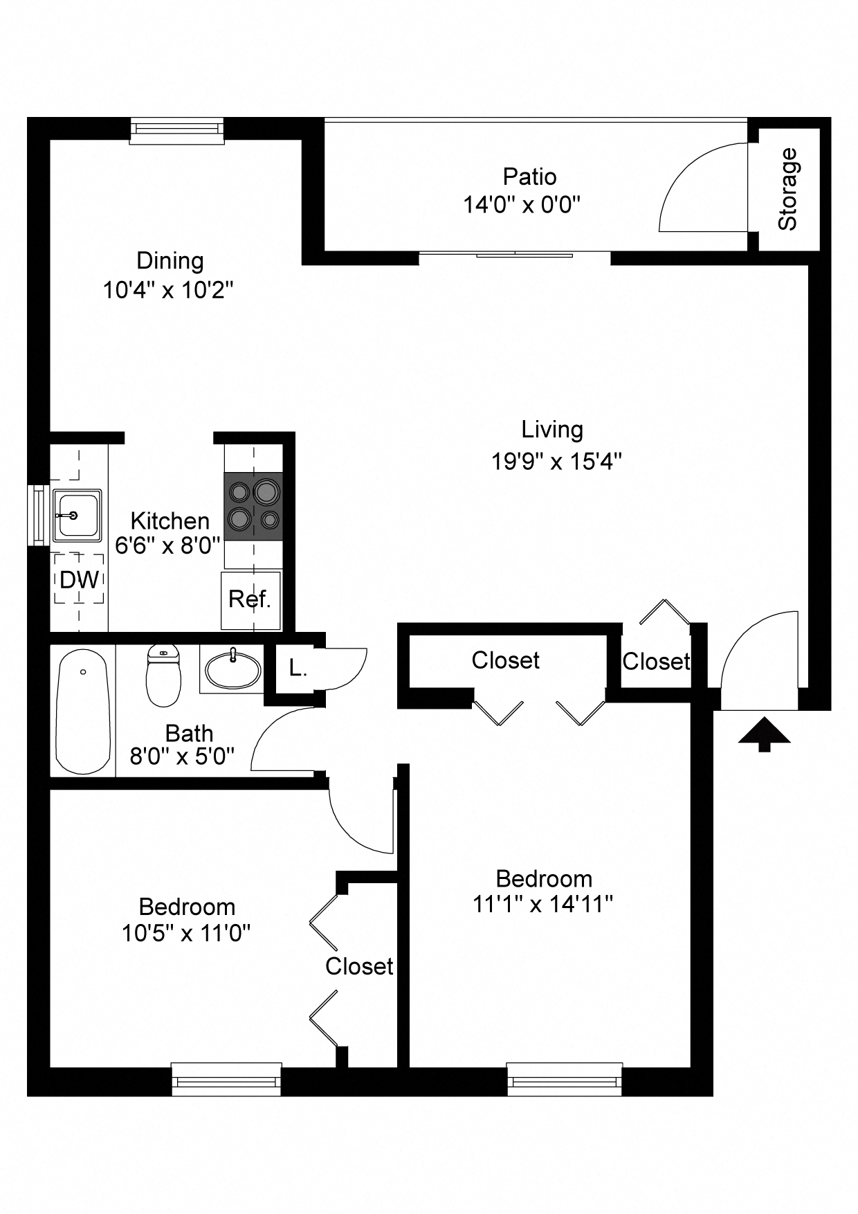 Floor plan for 2 beds, 1 bath, 1002 sqft
